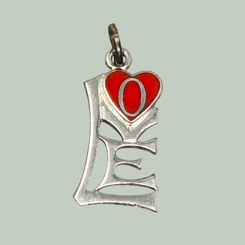 Vintage Sterling Silver LOVE Charm Red Enamel Heart Bracelet Pendant Valentine